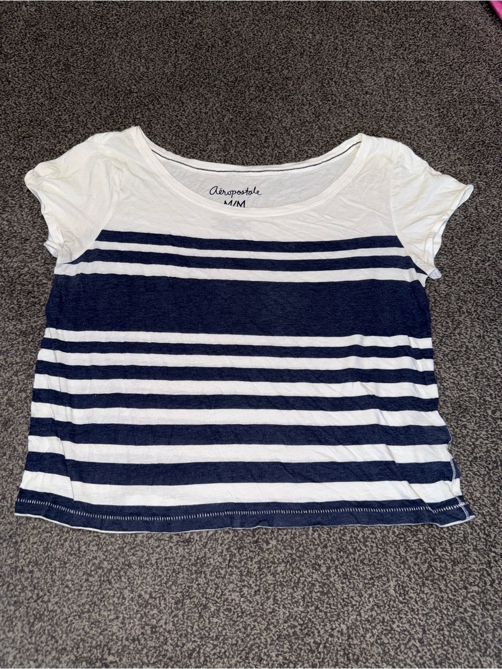 Aeropostale Navy and White Striped Short Sleeve Tee